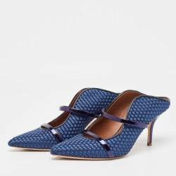 Pre Owned Malone Souliers Navy Blue Woven Satin and Leather Maureen Mules Size 38.5