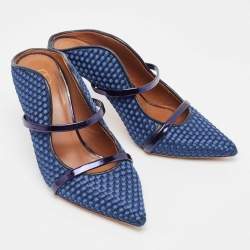 Pre Owned Malone Souliers Navy Blue Woven Satin and Leather Maureen Mules Size 38.5