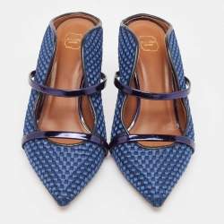 Pre Owned Malone Souliers Navy Blue Woven Satin and Leather Maureen Mules Size 38.5