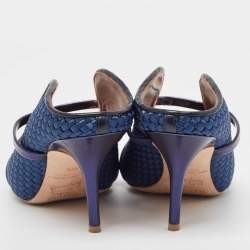 Pre Owned Malone Souliers Navy Blue Woven Satin and Leather Maureen Mules Size 38.5