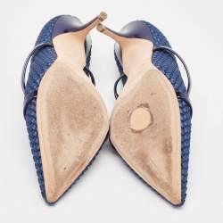 Pre Owned Malone Souliers Navy Blue Woven Satin and Leather Maureen Mules Size 38.5