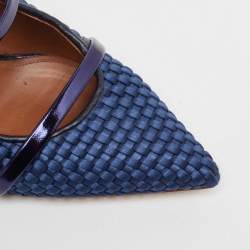 Pre Owned Malone Souliers Navy Blue Woven Satin and Leather Maureen Mules Size 38.5