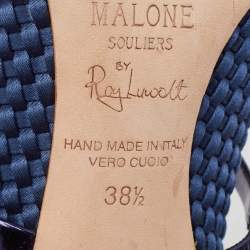 Pre Owned Malone Souliers Navy Blue Woven Satin and Leather Maureen Mules Size 38.5
