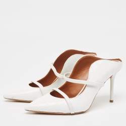 Pre Owned Malone Souliers White Croc Embossed Leather Maureen Pointed Toe Mules Size 37.5