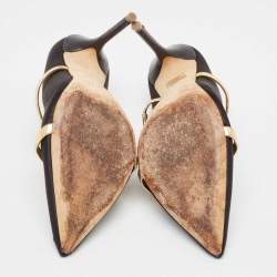 Pre Owned Malone Souliers Black/Gold Satin and Leather Maureen Mules Size 38.5