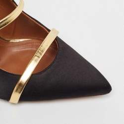 Pre Owned Malone Souliers Black/Gold Satin and Leather Maureen Mules Size 38.5