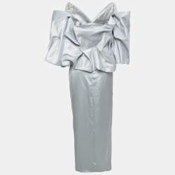 Manel Silver Grey Embellished Satin Off-Shoulder Baroque Rania Dress S