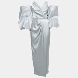 Manel Silver Grey Embellished Satin Off-Shoulder Baroque Rania Dress S