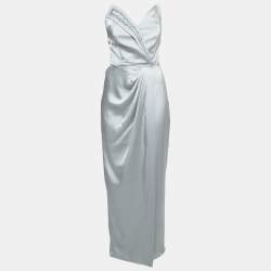 Manel Silver Grey Embellished Satin Off-Shoulder Baroque Rania Dress S