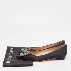 Pre Owned Manolo Blahnik Black Satin Hangisi Ballet Flats Size 38