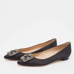 Pre Owned Manolo Blahnik Black Satin Hangisi Ballet Flats Size 38