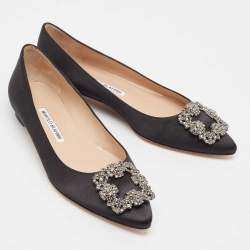 Pre Owned Manolo Blahnik Black Satin Hangisi Ballet Flats Size 38