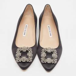 Pre Owned Manolo Blahnik Black Satin Hangisi Ballet Flats Size 38