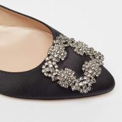 Pre Owned Manolo Blahnik Black Satin Hangisi Ballet Flats Size 38