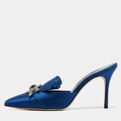 Manolo Blahnik Blue Satin Crystal Embellished Hosios Mules Size 39