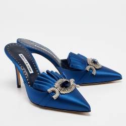 Manolo Blahnik Blue Satin Crystal Embellished Hosios Mules Size 39