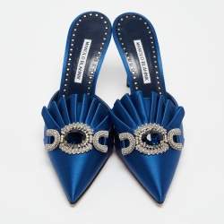 Manolo Blahnik Blue Satin Crystal Embellished Hosios Mules Size 39