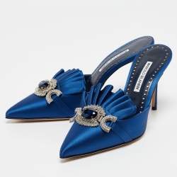 Manolo Blahnik Blue Satin Crystal Embellished Hosios Mules Size 39