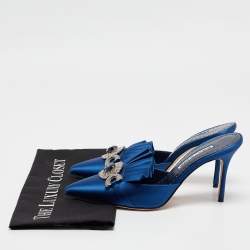 Manolo Blahnik Blue Satin Crystal Embellished Hosios Mules Size 39