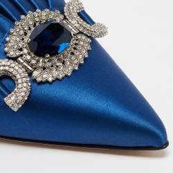 Manolo Blahnik Blue Satin Crystal Embellished Hosios Mules Size 39