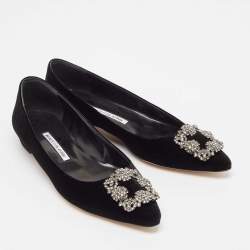 Pre Owned Manolo Blahnik Black Velvet Hangisi Ballet Flats Size 38.5