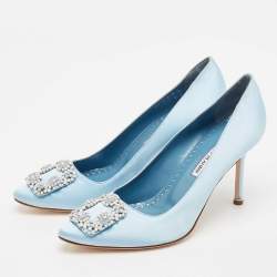 Pre Owned Manolo Blahnik Blue Satin Hangisi Opal Pumps Size 39