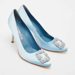 Pre Owned Manolo Blahnik Blue Satin Hangisi Opal Pumps Size 39