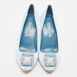 Pre Owned Manolo Blahnik Blue Satin Hangisi Opal Pumps Size 39