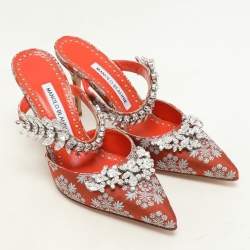 Manolo Blahnik Orange Floral Jacquard Lurum Pointed Toe Mules Size 37