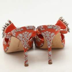 Manolo Blahnik Orange Floral Jacquard Lurum Pointed Toe Mules Size 37