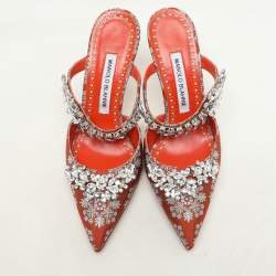 Manolo Blahnik Orange Floral Jacquard Lurum Pointed Toe Mules Size 37