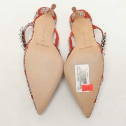 Manolo Blahnik Orange Floral Jacquard Lurum Pointed Toe Mules Size 37