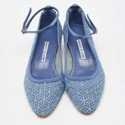 Manolo Blahnik Blue Satin and Lace Listana Block Heel Ankle Strap Pumps Size 36