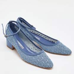 Manolo Blahnik Blue Satin and Lace Listana Block Heel Ankle Strap Pumps Size 36