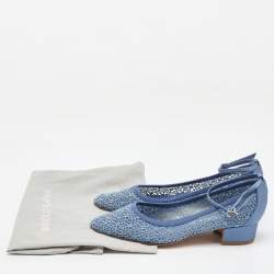 Manolo Blahnik Blue Satin and Lace Listana Block Heel Ankle Strap Pumps Size 36