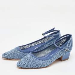 Manolo Blahnik Blue Satin and Lace Listana Block Heel Ankle Strap Pumps Size 36