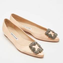 Pre Owned Manolo Blahnik Peach Satin Hangisi Ballet Flats Size 38.5