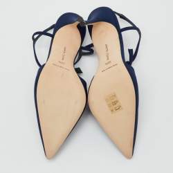Pre Owned Manolo Blahnik Navy Blue Fabric Corintia Bow Pointed Toe Slingback Mules Size 38.5
