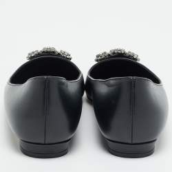 مملوكة مسبقًا حذاء باليرينا فلات مانولو بلانيك هانغيسي جلد أسود مقاس 35.5