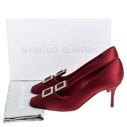 Pre Owned Manolo Blahnik Red Satin Crystal Embellished Repipe Pumps Size 37.5