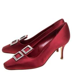 Pre Owned Manolo Blahnik Red Satin Crystal Embellished Repipe Pumps Size 37.5
