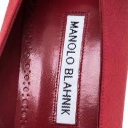 Pre Owned Manolo Blahnik Red Satin Crystal Embellished Repipe Pumps Size 37.5