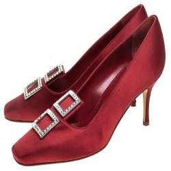 Pre Owned  حذاء كعب عالي مانولو بلانيك مرصع ك ريستال ساتان أحمر مقاس 37