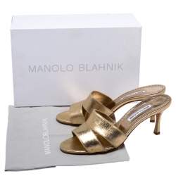 Pre Owned Manolo Blahnik Metallic Gold Leather Lacopo Open Toe Sandals Size 40.5