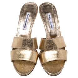 Pre Owned Manolo Blahnik Metallic Gold Leather Lacopo Open Toe Sandals Size 40.5