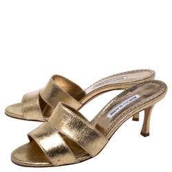 Pre Owned Manolo Blahnik Metallic Gold Leather Lacopo Open Toe Sandals Size 40.5