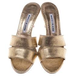 Pre Owned Manolo Blahnik Metallic Gold Leather Lacopo Open Toe Sandals Size 35