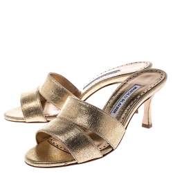 Pre Owned Manolo Blahnik Metallic Gold Leather Lacopo Open Toe Sandals Size 35