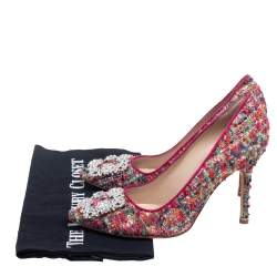 Pre Owned حذاء كعب عالى مانولو بلانيك تويد متعدد الألوان مزين هانغيسي مقدمة مدببة مقاس 36.5