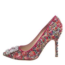 Pre Owned حذاء كعب عالى مانولو بلانيك تويد متعدد الألوان مزين هانغيسي مقدمة مدببة مقاس 36.5